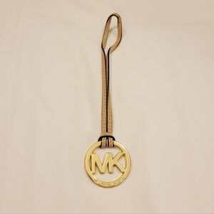 Michael Kors Large Gold MK Logo Bag Charm With Beige Leather Strap